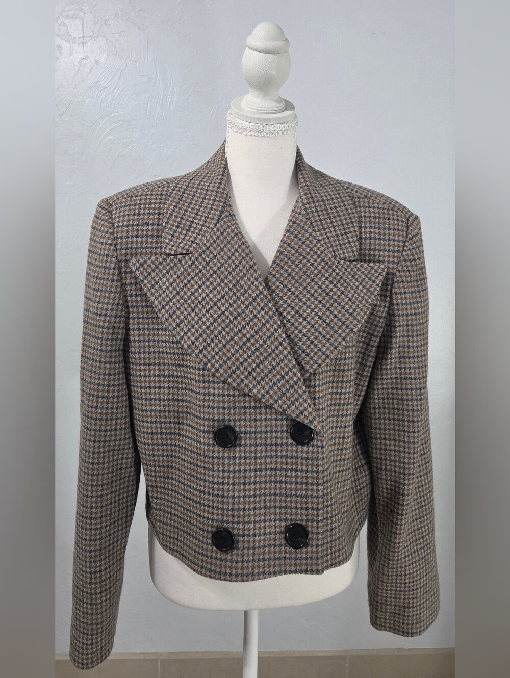 81st & Park Cropped Blazer Size M Brown Houndstooth Wool Academia Office Fall